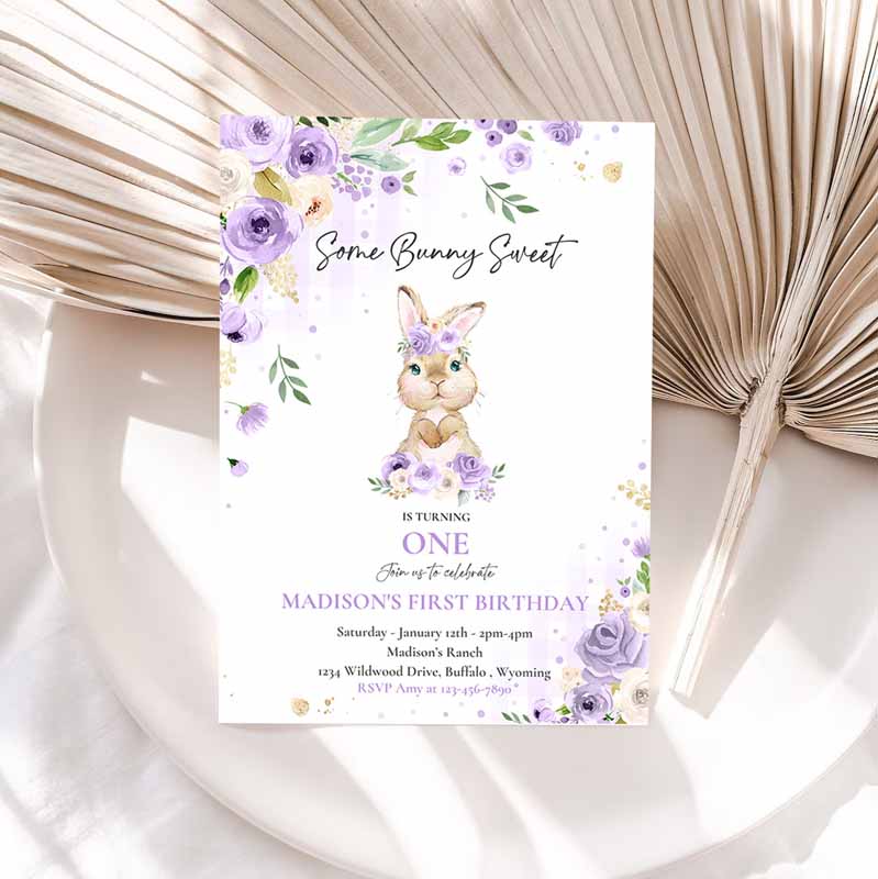 Bunny Kids Birthday, Some Bunny Kids Birthday, Purple Floral Spring Bunny Kids Birthday Party