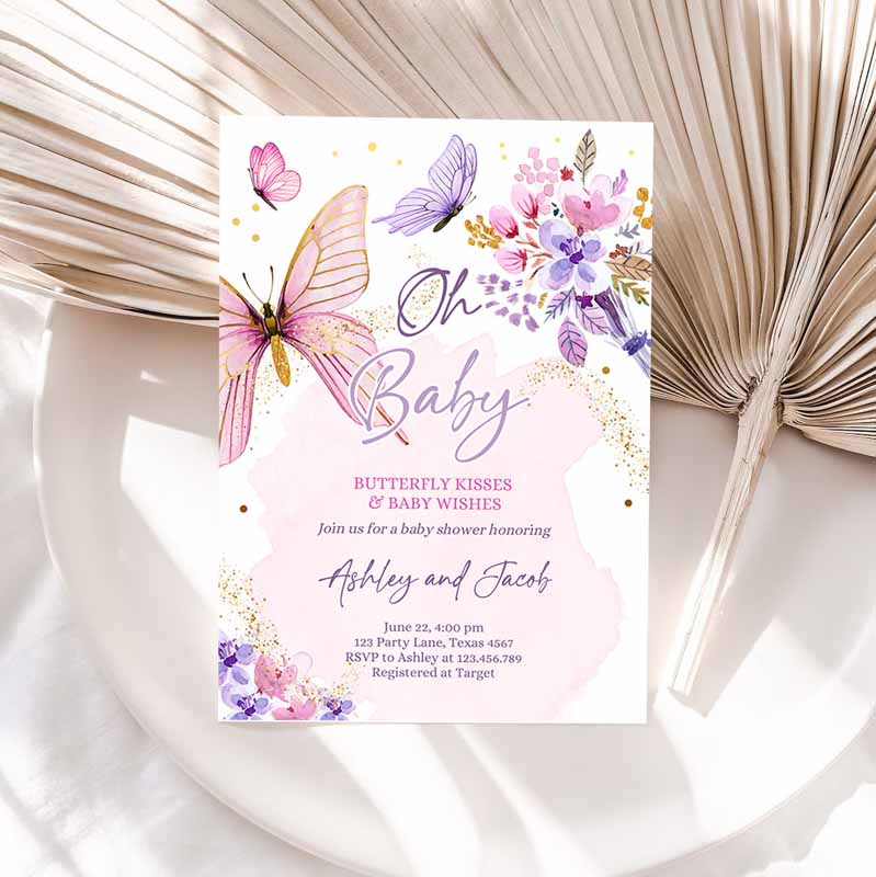 Butterflies Baby Shower Invite Purple Butterfly Kisses Invitation, Floral Pink Gold Girl