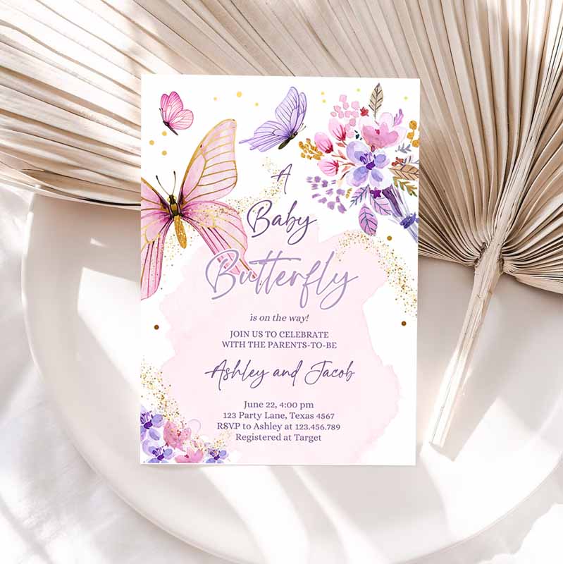 Butterfly Baby Shower Invitation, Purple Butterfly one Way Invite Floral Pink Gold Girl