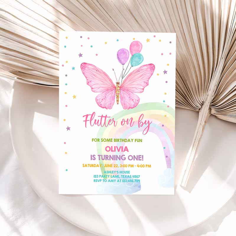 Butterfly Kids Birthday Invitation, Butterfly Invitation, Garden Floral Flowers Pink Gold Girl