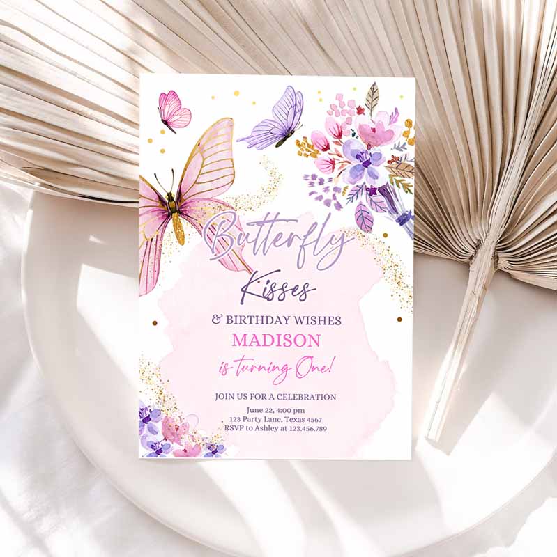 Butterfly Kids Birthday Invitation, Girl Butterfly Kisses Invite Kids Birthday Party, Floral Pink