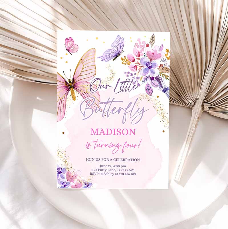 Butterfly Kids Birthday Invitation, Girl Purple Butterfly Invite Kids Birthday Party, Floral Pink