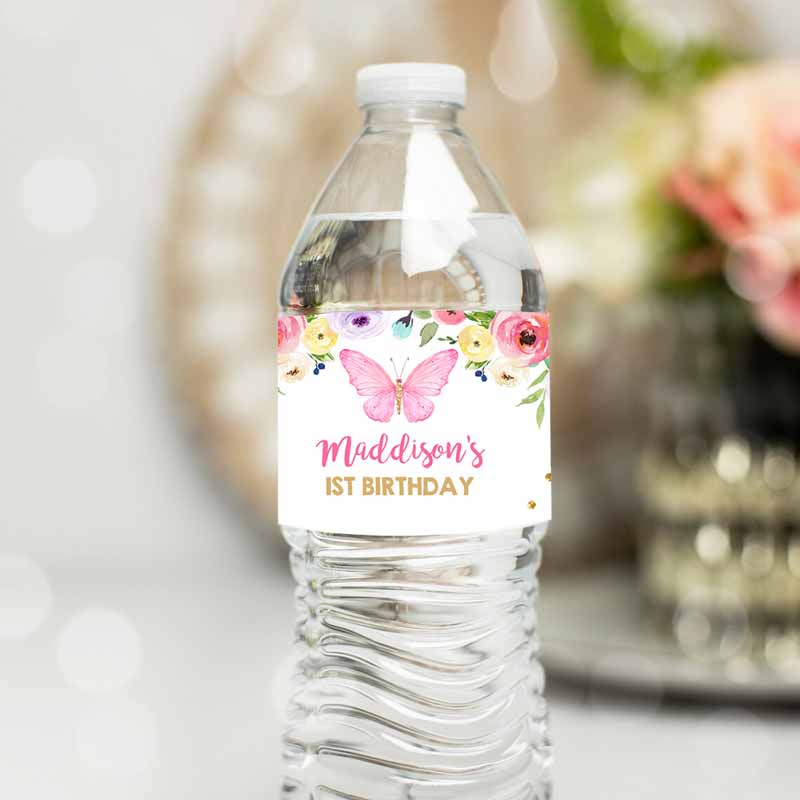 Butterfly Water Bottle Label Girl First Kids Birthday Party, Garden Pink Gold Spring Drinks Labels