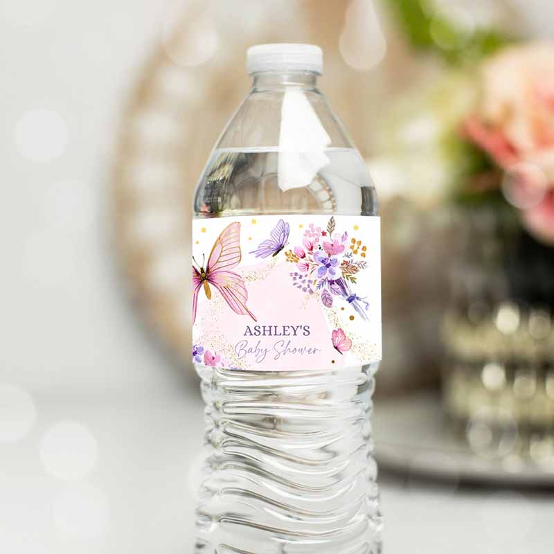 Butterfly Water Bottle Label Girl Floral Butterfly Party, Garden Pink Gold Purple Drink Label