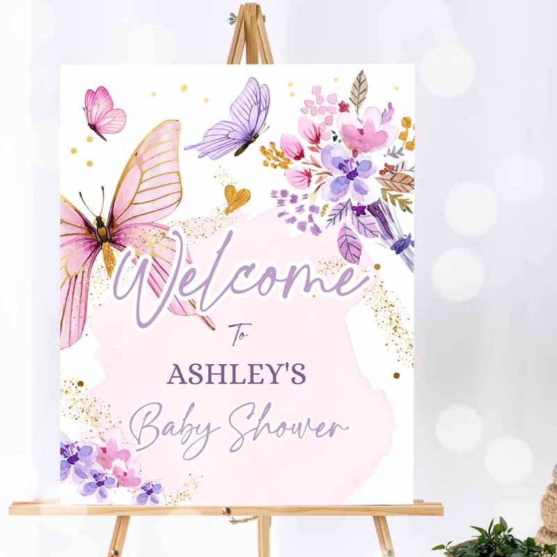 Butterfly Welcome Sign, Butterfly Baby Shower Butterfly Party, Garden Girl Pink Gold Floral Purple