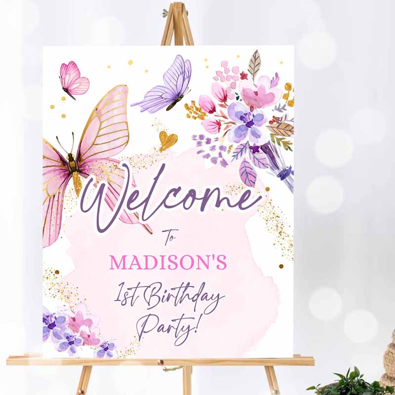 Butterfly Welcome Sign, Butterfly Kids Birthday Party, Butterfly Party, Garden Girl Pink Gold Floral Purple