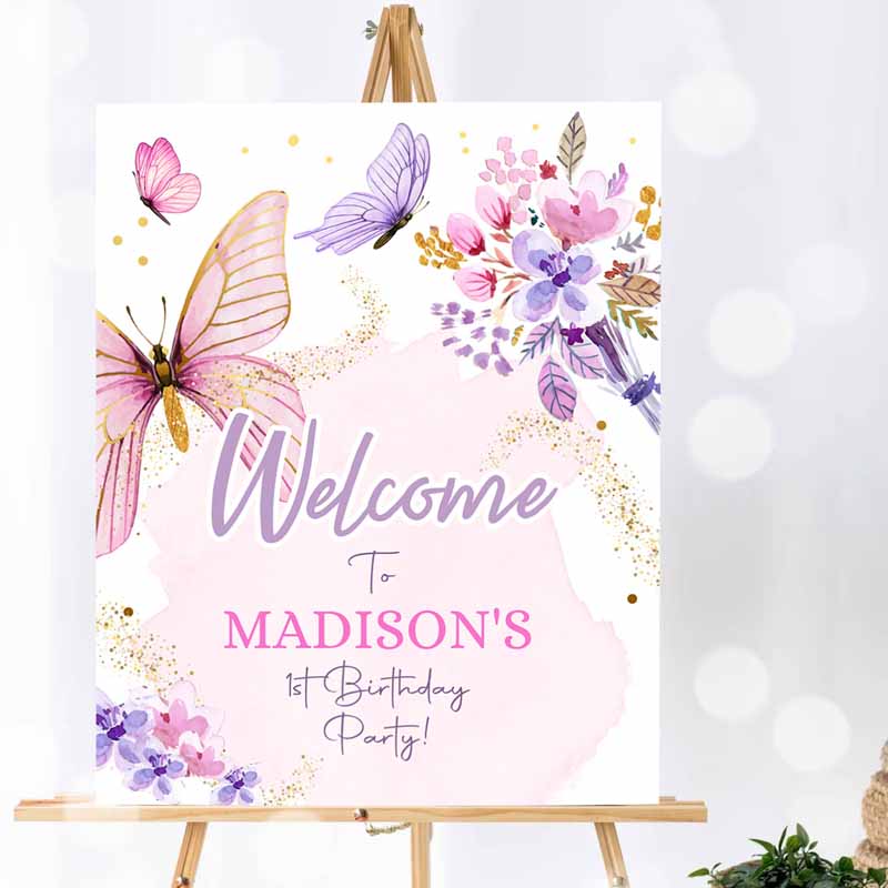 Butterfly Welcome Sign,s Butterfly Kids Birthday Party, Butterfly Party, Garden Girl Pink Gold Floral Purple