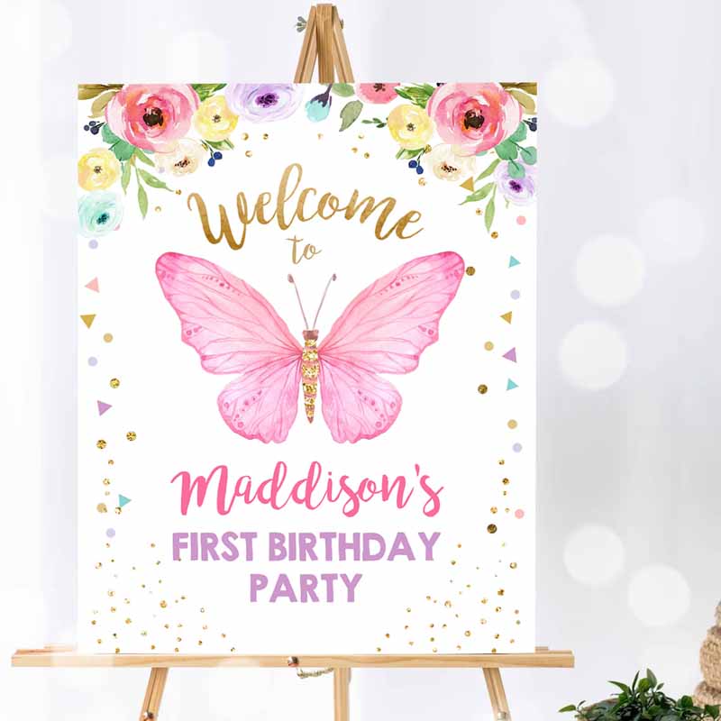 Butterfly Welcome Sign, Butterfly Kids Birthday Party, Butterfly Welcome Garden Girl Pink Gold Floral