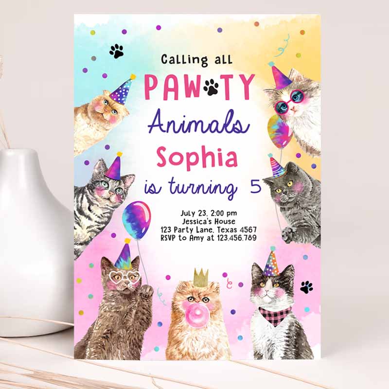 Cat Kids Birthday, Kitten Kids Birthday, Invite Calling All Pawty Animals Animals