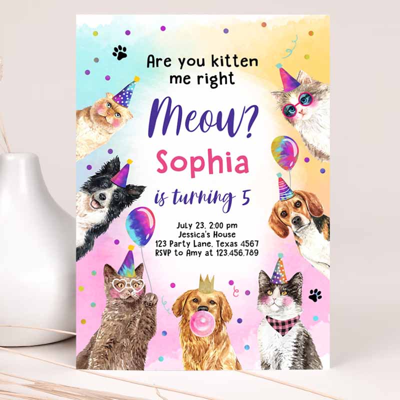 Kitten Kids Birthday, Invite Kitten me Right Meow Invite Animals Girl, Kitten Kids Birthday