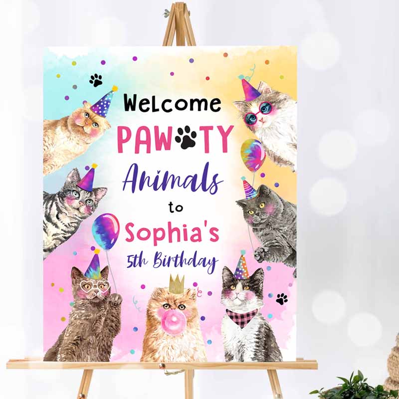 Cat Kids Birthday Party, Kitten Kids Birthday, Pink Girl Kitty Cat Paw-ty Pawty Animals Cute Kitten