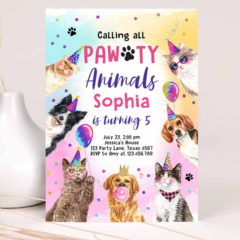 Cats and Dogs Kids Birthday Invitation, Pawty Kids Birthday Party, Invite Girl Kitten Puppy Party, Animal