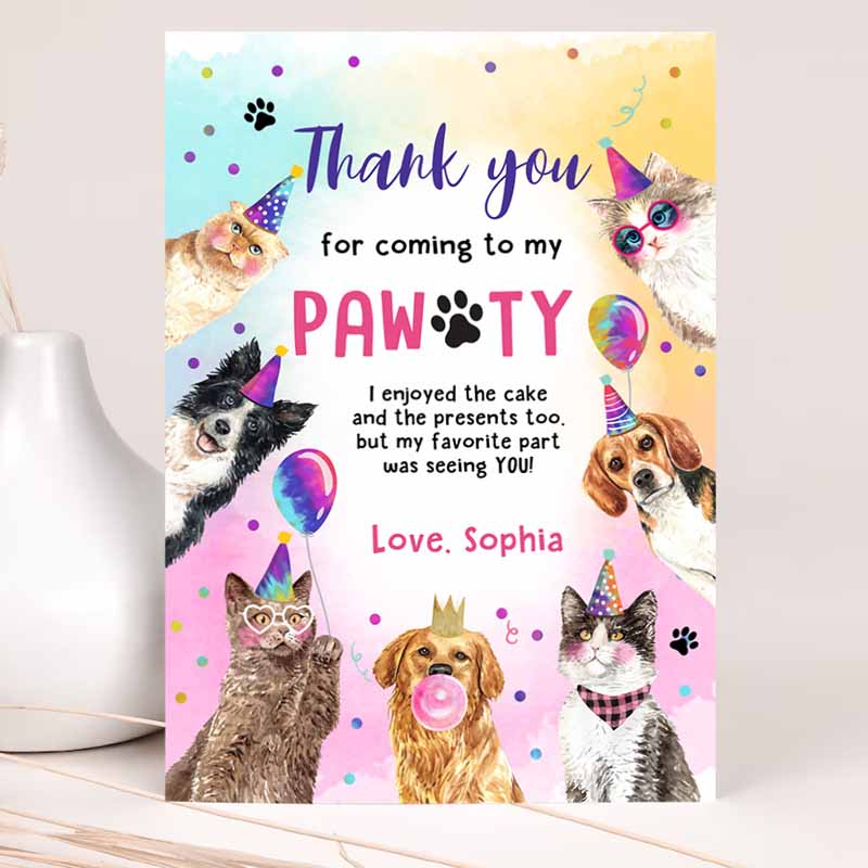 Cats and Dogs Kids Birthday, Thank You Card Puppy Kids Birthday, Invite Pawty Kids Birthday Animals Pet