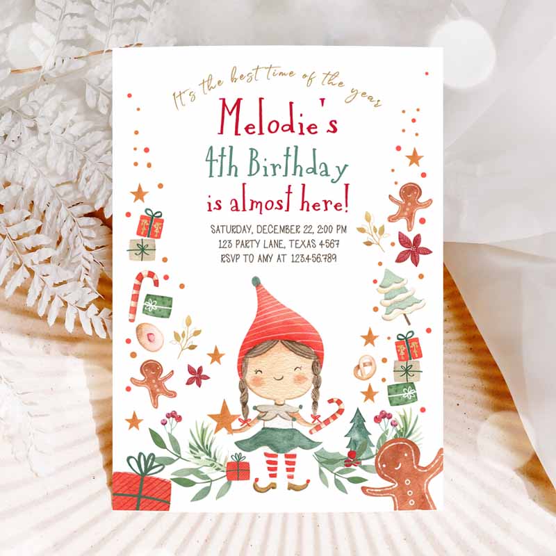 Christmas Kids Birthday, Elf Kids Birthday, Invite Winter Best Time ofe Year Girl Pink Gold DIY