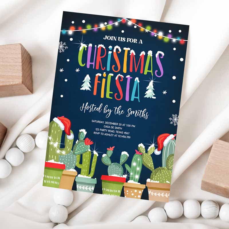 Christmas Fiesta Invitation, Cactus Mexican Holiday Feliz Navidadmas Party, Santa Hat