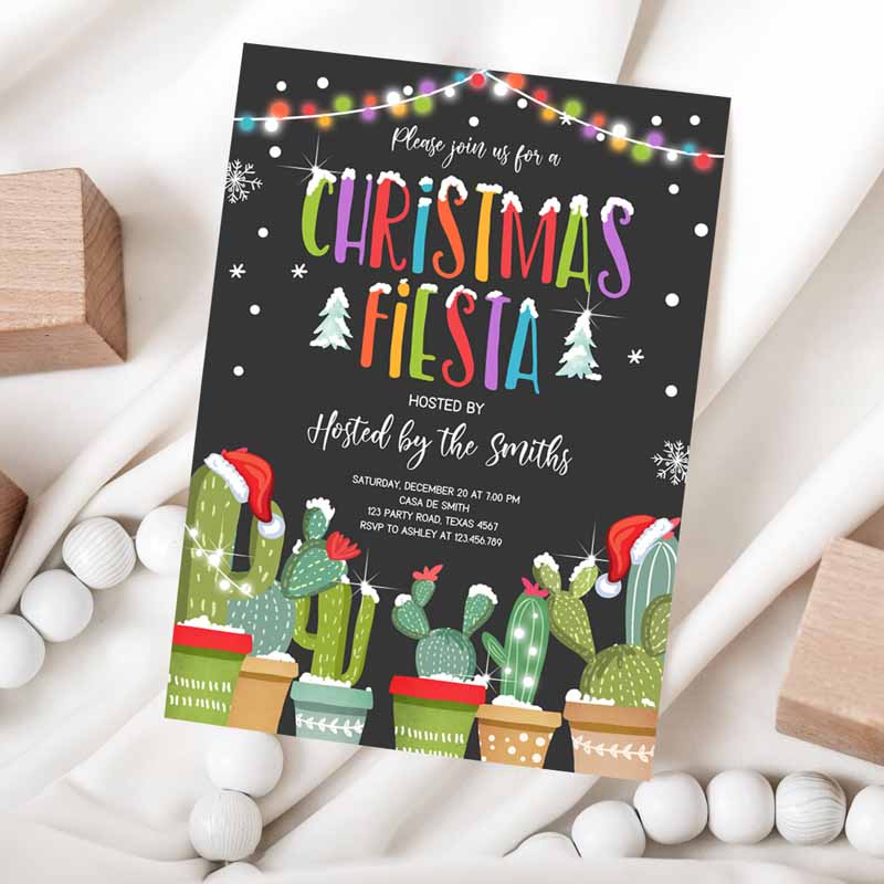 Christmas Fiesta Invitation, Cactus Mexican Holiday Fiesta Invite Christmas Party, Mexican