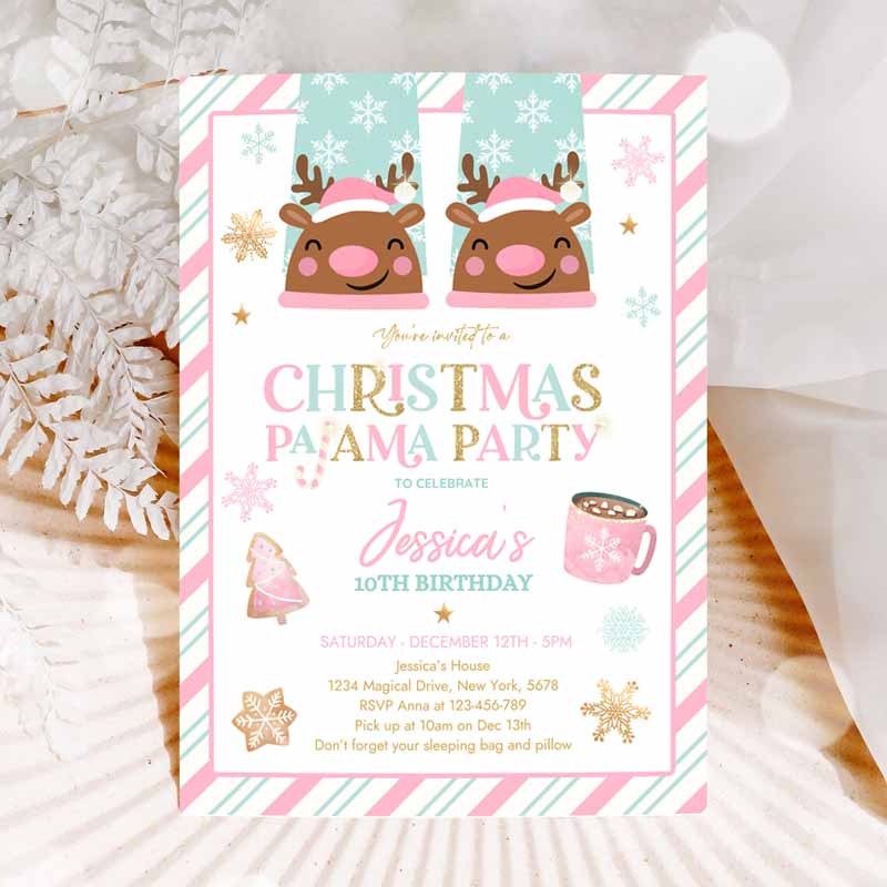 Christmas Pajama Kids Birthday, Girly Pink Gold Slumber Party Invitation, Holiday Pajama Party