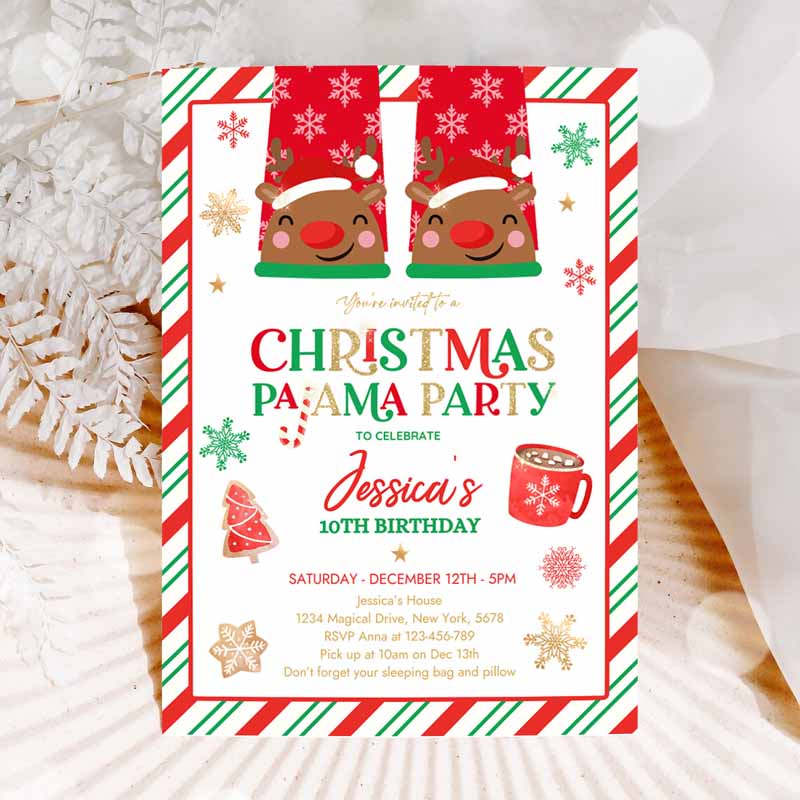 Christmas Pajama Kids Birthday, Red And Gold Christmas Slumber Party Invitation, Holiday Pajama Party