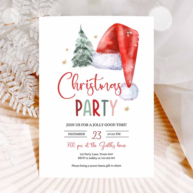 Christmas Party Invitation, Holiday Santa Hat Christmas Invitation, Christmas Kids Birthday, Tree