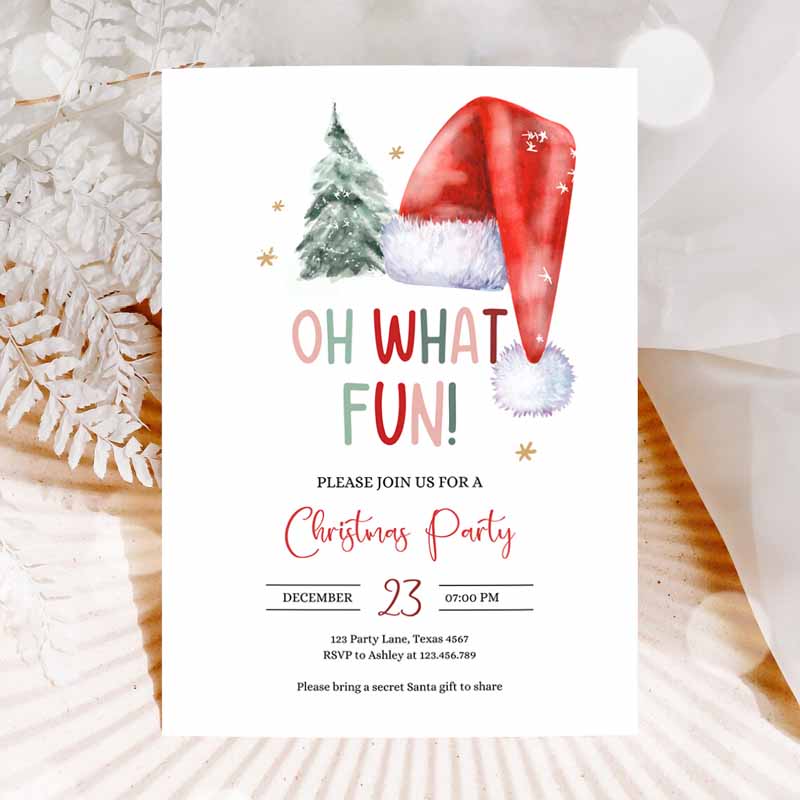 Christmas Party Invitation, Kids Holiday Santa Hat Oh What Fun Invite Christmas Kids Birthday