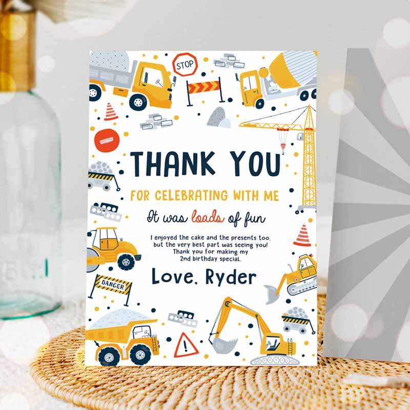 Construction Thank You Card Dump Truck Digger Excavator Construction Kids Birthday Party, Front Back Thank You Card