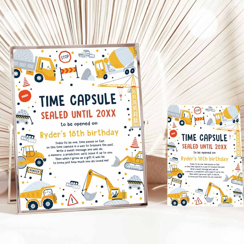 Construction Time Capsule Matching Note Card Dump Truck Digger Excavator Construction Kids Birthday Party