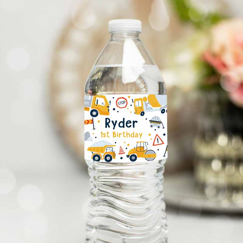 Construction Water Bottle Labels Dump Truck Digger Excavator Construction Kids Birthday Party, Water Bottle Wraps