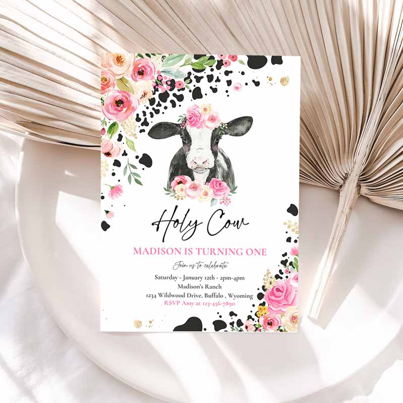 Cow Kids Birthday, Holy Cow I'm One Kids Birthday Party, Pink Floral Farm Cow Kids Birthday Party