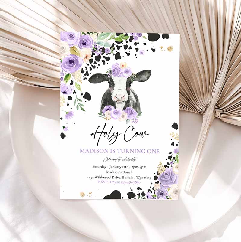 Cow Kids Birthday, Holy Cow I'm One Kids Birthday Party, Purple Lilac Floral Farm Cow Kids Birthday Party