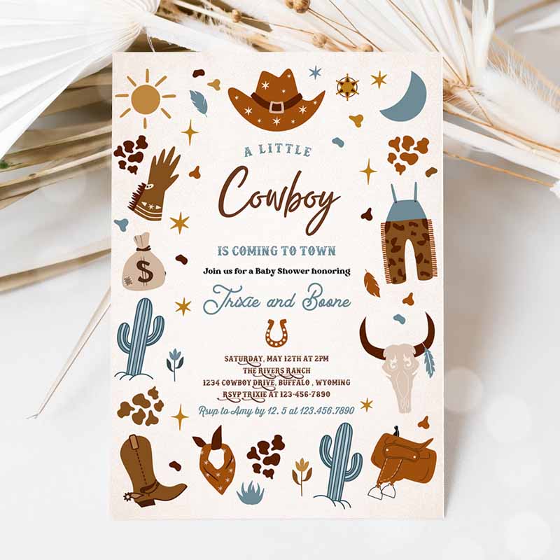 Cowboy Baby Shower Invitations, A Little Cowboy Is Coming To Town Wild West Rodeo Southwestern Ranch Baby Shower