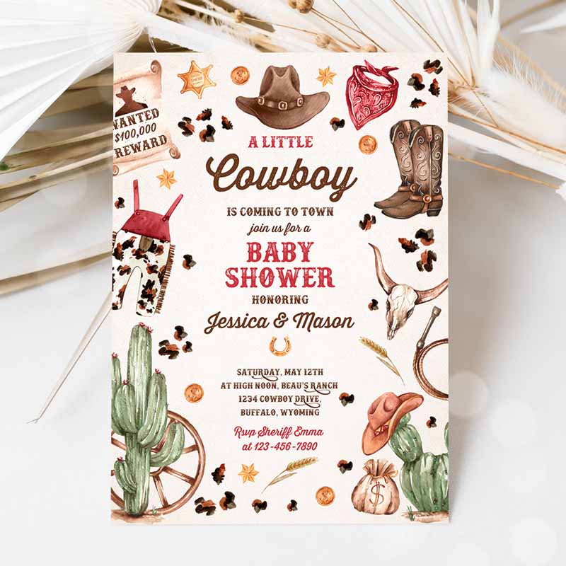 Cowboy Baby Shower Invitation, A Little Cowboy Is Coming To Town Wild West Rodeo Southwestern Ranch Baby Shower Template