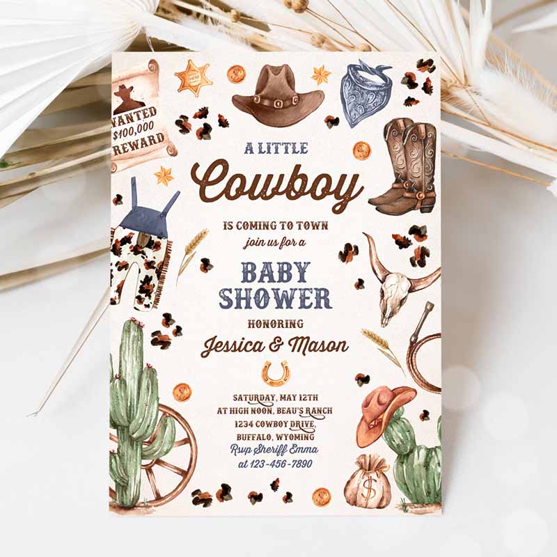 Cowboy Baby Shower Invitation, A Little Cowboy Is Coming To Town Wild West Rodeo Southwestern Ranch Baby Shower