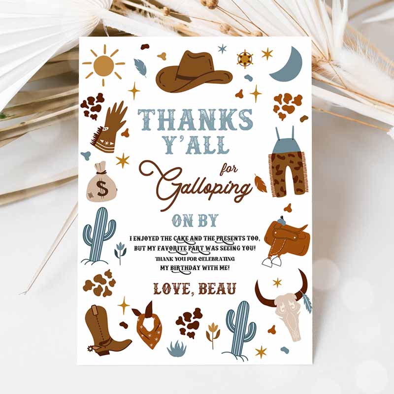 Cowboy Kids Birthday Party, Thank You Card Wild West Cowboy Rodeo Kids Birthday Party, Southwestern Ranch Kids Birthday