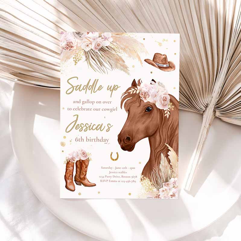 Cowgirl Kids Birthday Invitation, Boho Horse Kids Birthday Party, Invite Muted Pink Tone Pampas Grass Cowgirl Horse Party