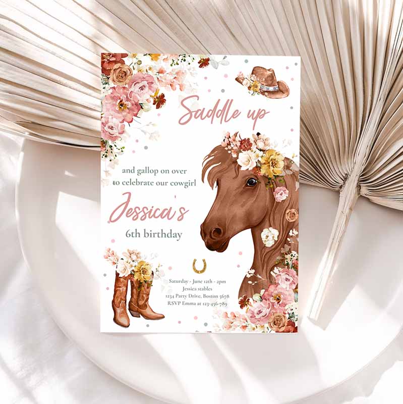 Cowgirl Kids Birthday Invitation, Horse Kids Birthday Invitation, Wildflower Fall Floral Cowgirl Horse Kids Birthday