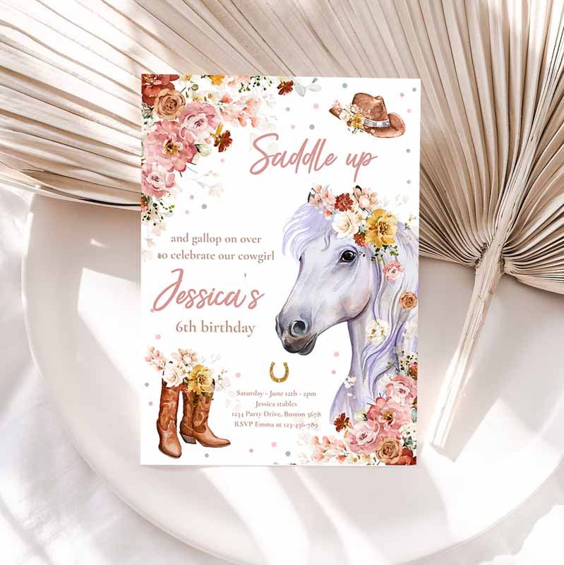 Cowgirl Kids Birthday Invitation, Horse Kids Birthday, Wildflower Fall Floral Cowgirl Horse Kids Birthday