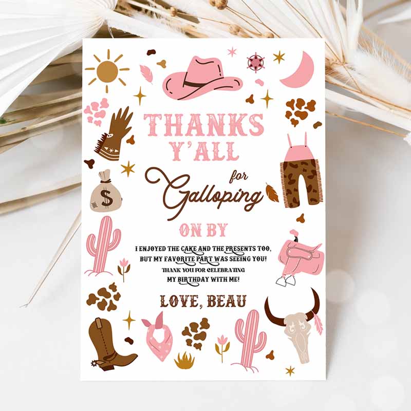 Cowgirl Kids Birthday Party, Thank You Card Wild West Cowgirl Rodeo Kids Birthday Party, Southwestern Ranch Kids Birthday