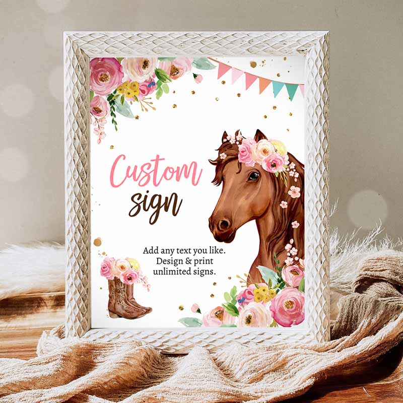 Custom Horse Kids Birthday Party, Saddle Up Cowgirl Party, Pink Horse Floral Girl Table Sign