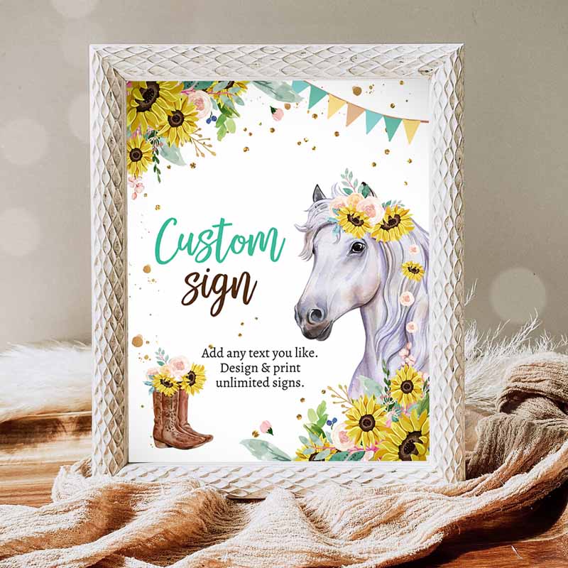 Custom Horse Kids Birthday Party, Saddle Up Cowgirl Party, Sunflowers Horse Girl Table Sign