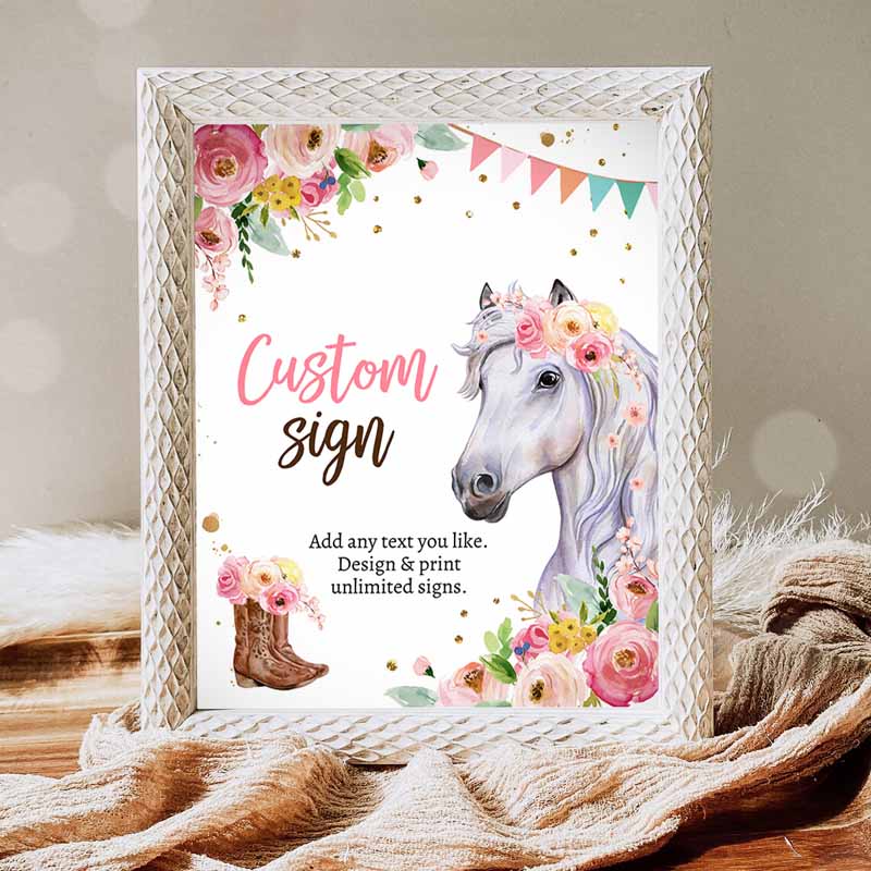 Custom Horse Kids Birthday, Saddle Up Cowgirl Party, Pink Horse Floral Girl Table Sign