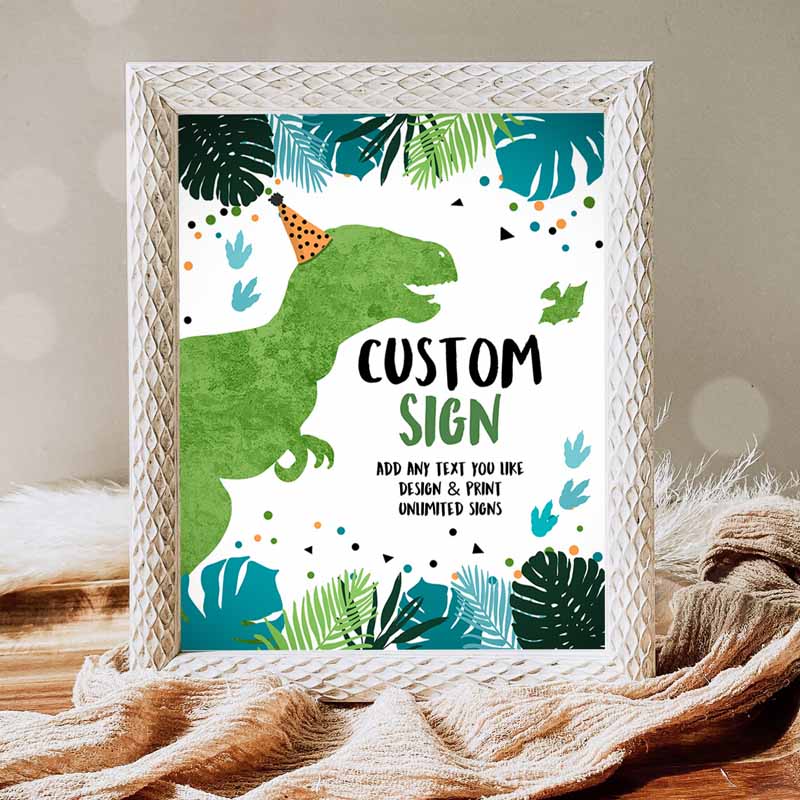 Dinosaurs Dino Sign, Decor Animals Table Sign, Blue Green Boy T-Rex Party