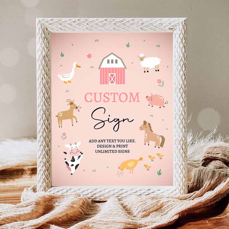 Farm Animals Sign, Pink Barnyard Kids Birthdays Girl Cow Pig Table Sign