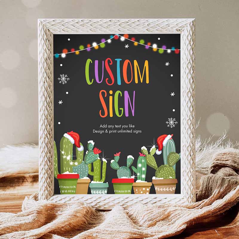 Fiesta Christmas Party, Mexican Holiday Cactus Santa Hat Table Sign