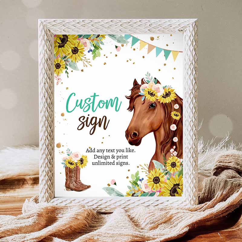 Horse Kids Birthday Party, Saddle Up Cowgirl Party, Sunflowers Horse Girl Table Sign