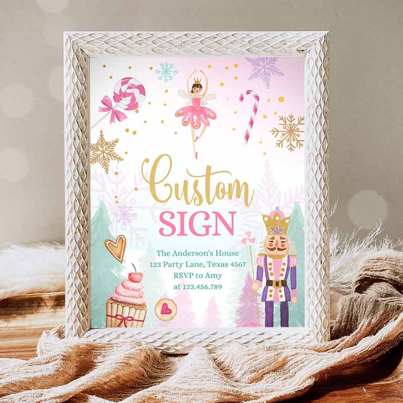 Nutcracker Kids Birthday Party, Decor Land of Sweets Party, Sugar Plum Fairy Girl Pink Table Sign