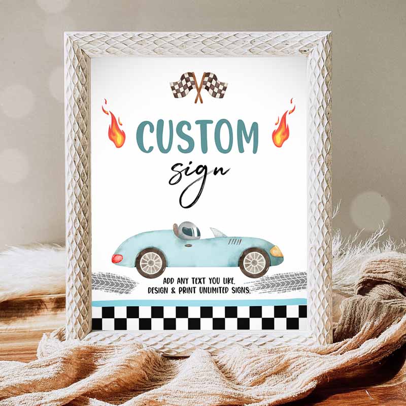 Race Car Kids Birthday, Two Fast Curious Racing Vintage Cars Blue Boys Party