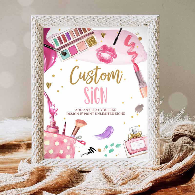 Spa Party, Makeup Party, Pink Gold Girl Teen Kids Birthday, Glitz and Glam Table Sign