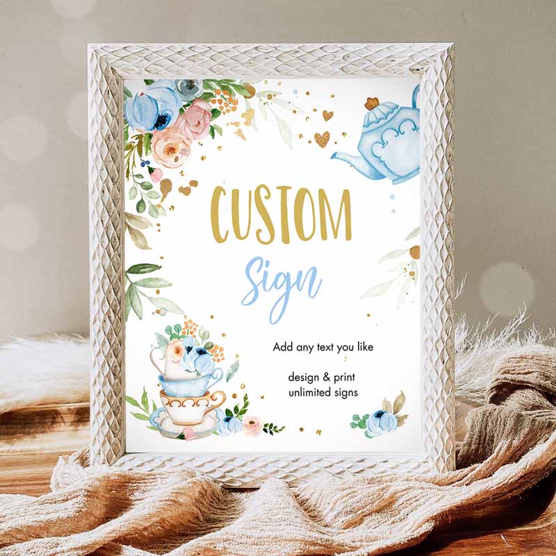 Custom Tea Party, Baby Shower Baby is Brewing Floral Blue Gold Whimsical Boy Table Sign