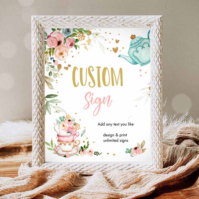 Custom Tea Party, Baby Shower Baby is Brewing Floral Pink Gold Whimsical Girl Table Sign