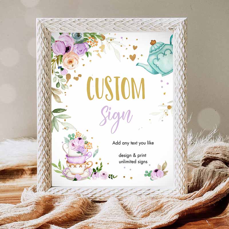 Custom Tea Party, Baby Shower Brewing Floral Tea for Two Purple Gender Neutral Table Sign